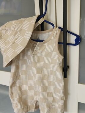 GAP Beige & White Check Tank Romper with Matching Hat